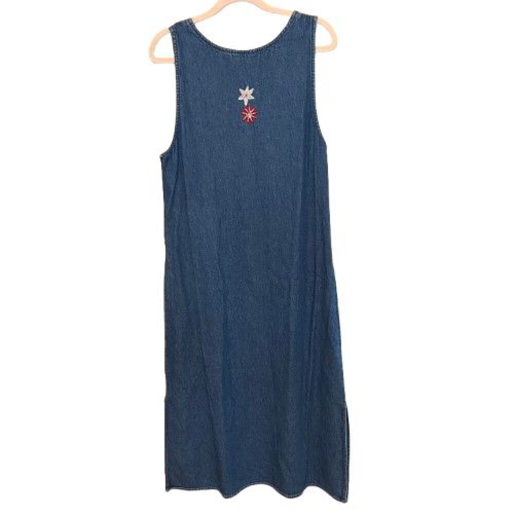 Vtg Agapo Denim Jumper Dress Womens Medium Floral Sequin Cottage Granny Modest